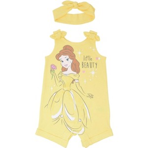 Disney Princess Rapunzel Ariel Belle Jasmine Aurora Baby Girls Snap Romper and Headband Newborn to Toddler - 1 of 4