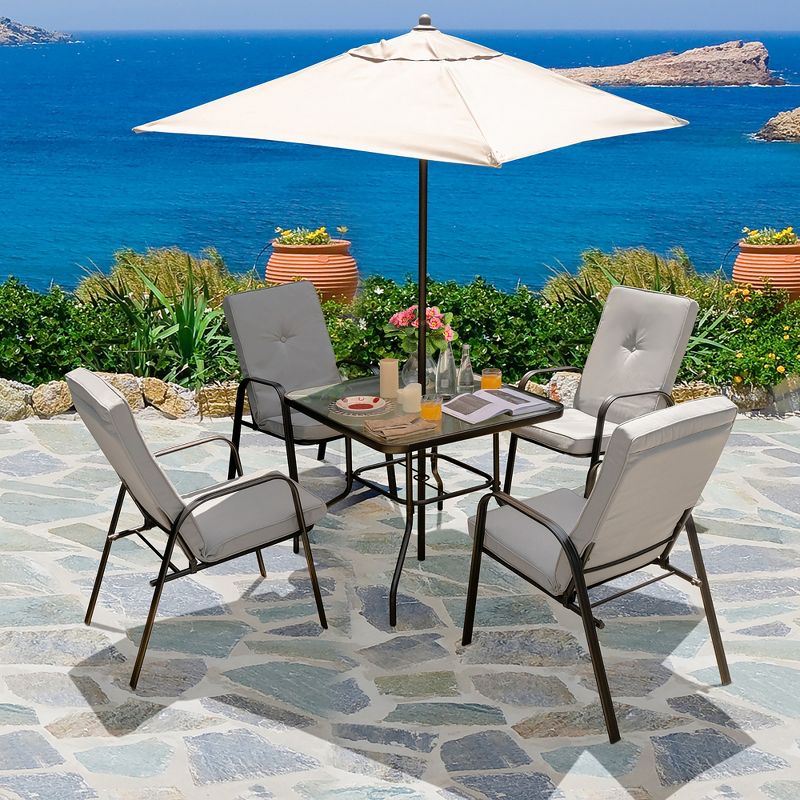 Costway 6PCS Patio Dining Set Stackable Chairs Cushioned Glass Table W/Umbrella, 1 of 11