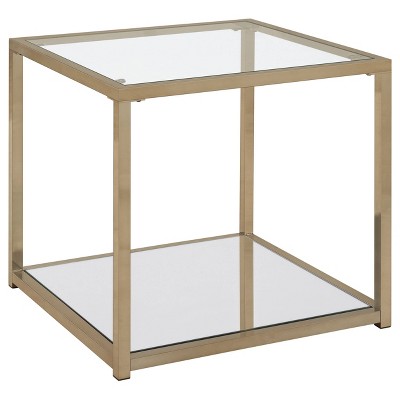 Cora Transitional Square Glass Top End Table with Mirrored Shelf in Gold