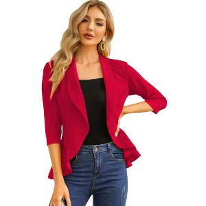 Coolmee Women's Casual Blazers 3/4 Sleeve Open Front Lightweight Cardigan Drape Ruffles Work Office Suit Blazer Jackets - 1 of 4