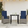 vidaXL 3 Piece Poly Rattan Patio Dining Set - Gray Recliner Chairs with Navy Blue Cushions & Tempered Glass Table for Garden, Patio - 2 of 4