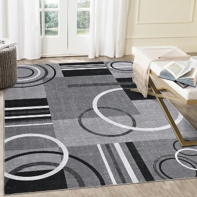 TackView Washable Abstract Circles Rug - Modern Area Accent Rug, Stain Resistant, Low Pile Throw Carpet for Bedroom Living Room