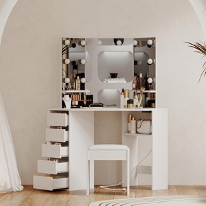 Acekool Corner Vanity Set with Mirror & 3-Color Adjustable LED Lights, Makeup Table with Power Outlet, Stool & Spacious Storage Drawers - 1 of 4