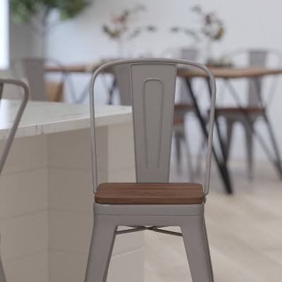 Silver Metal Counter Stool with Curved Slatted Back and Textured Wood Seat