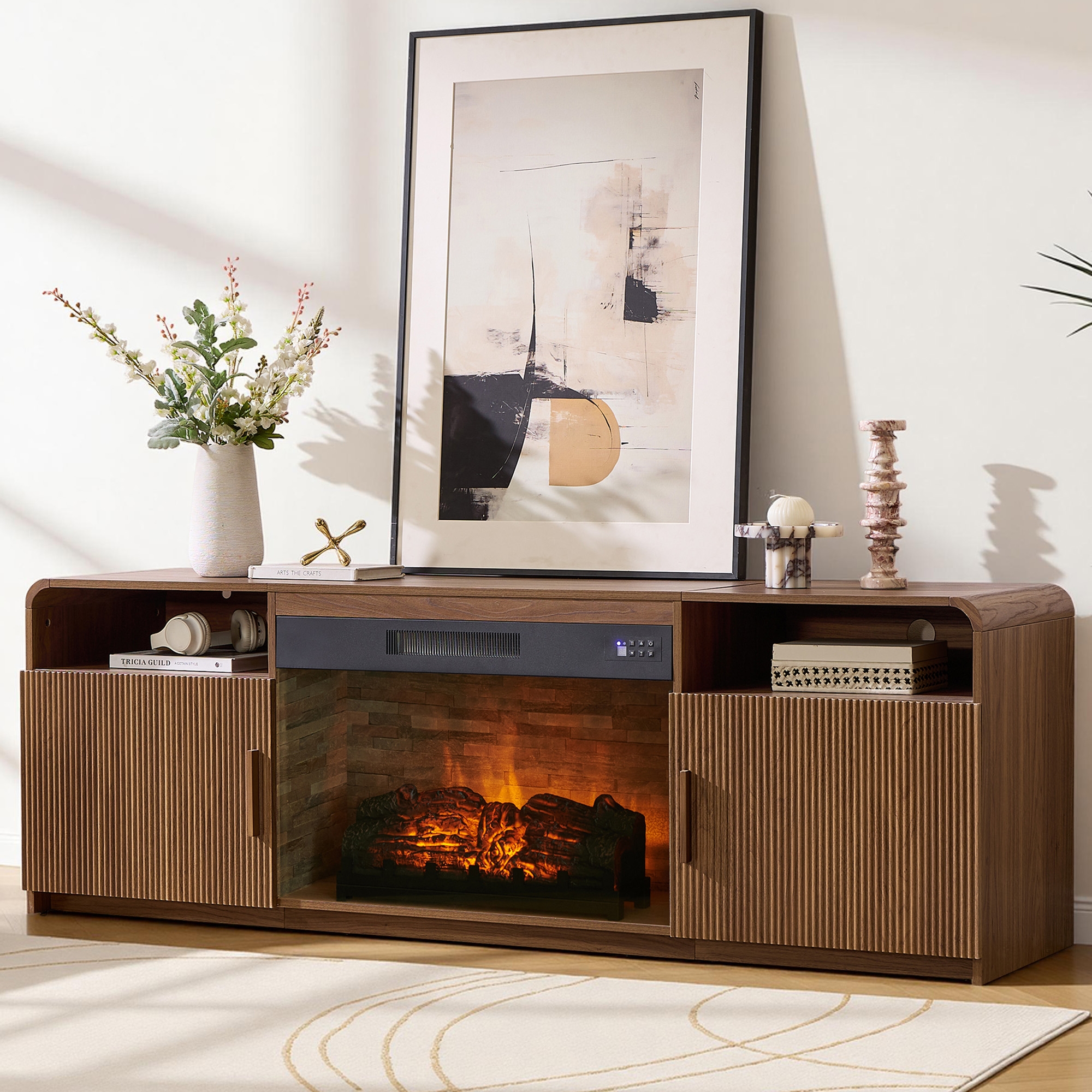 AMERLIFE 70in Fluted Fireplace TV Stand for TVs up to 80in with 30in Electric Fireplace Storage, Brown