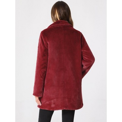 Allegra K Women's Lapel Collar Faux Fur Fuzzy Winter Long Overcoat with Pockets X-Small Red — фото 5
