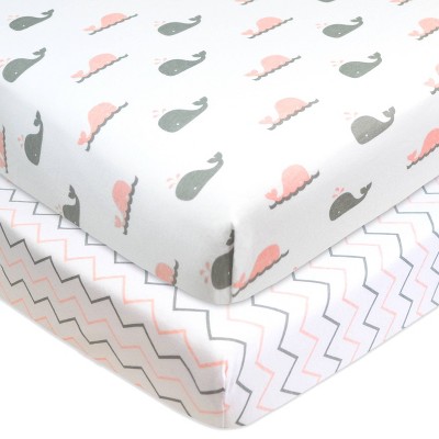 TL Care Printed 100% Cotton Knit Fitted Mini Crib Sheet - Pink Whale/Zigzag 2pk