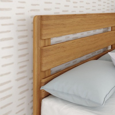 Pine Wood Queen Bed Frame with Plank Headboard in Pecan