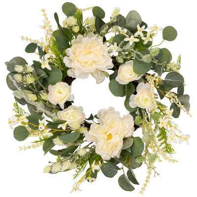 Northlight Peony, Rose and Mixed Foliage Artificial Spring Wreath, Unlit , 20-Inch