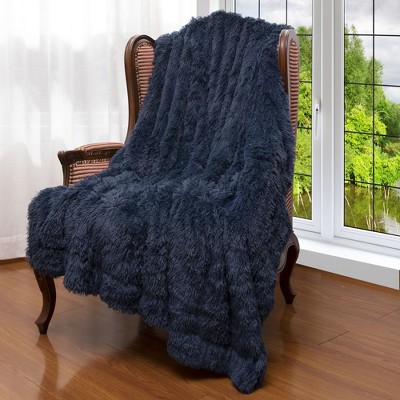 Cheer Collection Long Shaggy Hair Throw Blanket Navy 60