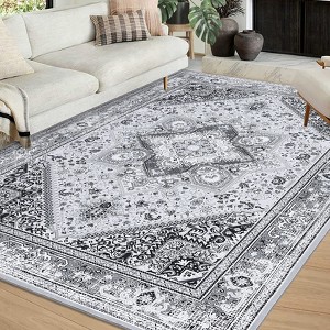 Vintage Washable Floral Printed Area Rug with Non-Slip Backing Farmhouse Oriental Distressed Low Pile Carpet - 1 of 4