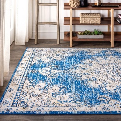 Blue and Cream Medallion Synthetic 4' x 6' Reversible Area Rug