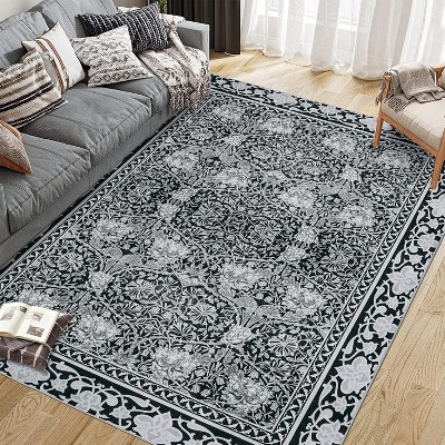 Area Rug Living Room Bedroom Machine Washable Printed Vintage Floral Carpet Non-Slip Low Pile Distressed Boho for Laundry Dining Farmhouse