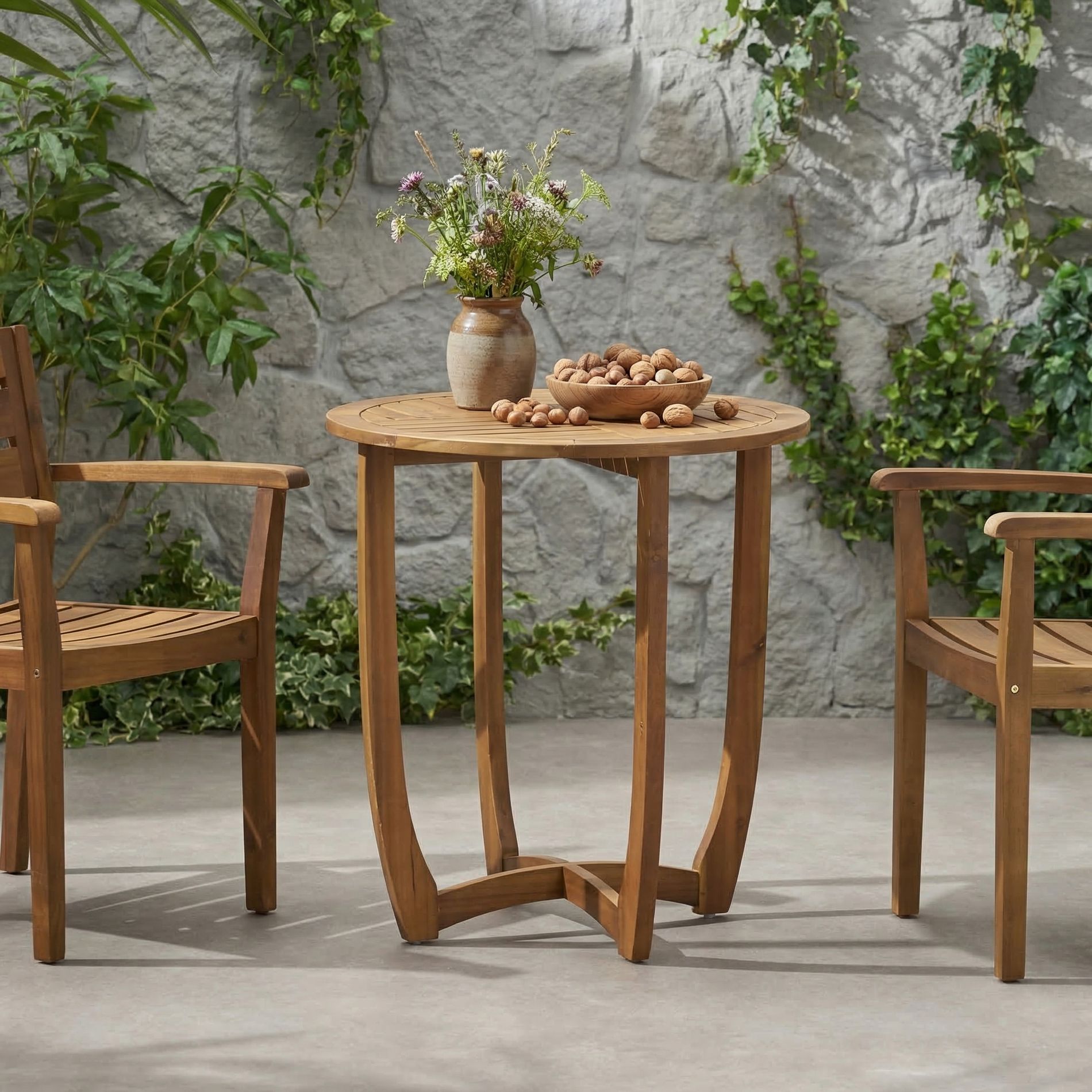 27.5" Outdoor Round Acacia Wood Accent Table, Teak Patio Side Table for Garden, Balcony, Porch and Deck