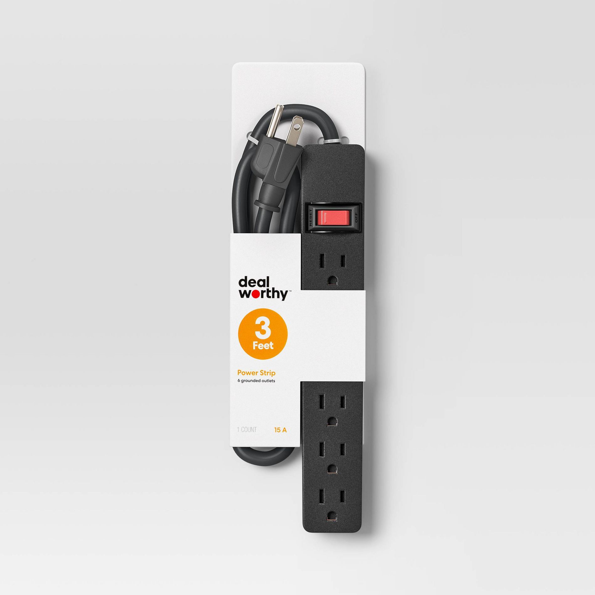 3’ 6 Outlet Indoor Power Strip Black – Dealworthy™: 15A, 1875W, 14 AWG, 8ft Extension Cord, 3 Conductors
