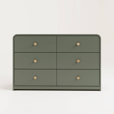 Olive Green 6-Drawer Nursery Dresser with Natural Rubberwood Knobs