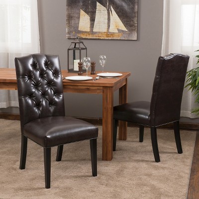 Set of 2 Crown Top Bonded Leather Tufted Dining Chair Brown - Christopher Knight Home: Upholstered, Hardwood Frame