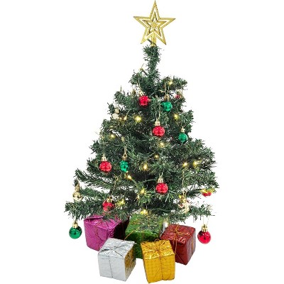 4E's Novelty Mini Christmas Tree with Lights - 23" Pre-Lit Tabletop Christmas Tree with Star Topper, Colorful Ornaments, Gift Boxes Desk Decor