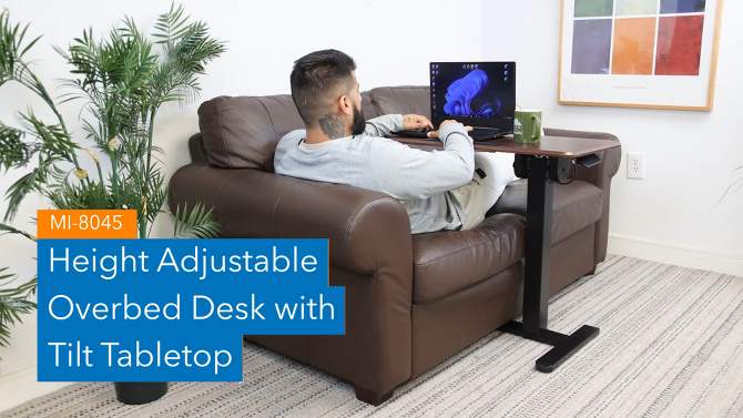 Mount-It! Height Adjustable Overbed Desk and Table with Tilting Tabletop | Overbed Medical Table with Wheels | Dark Walnut, 2 of 10, play video