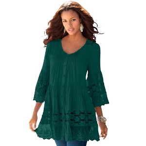 Roaman's Women's Plus Size Illusion Lace Big Shirt - 1 of 4