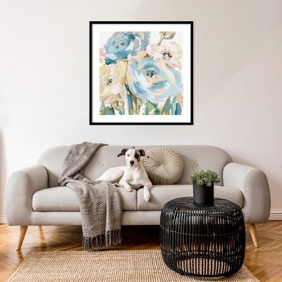 Pastel Floral Abstract Lithograph in Black Wood Frame