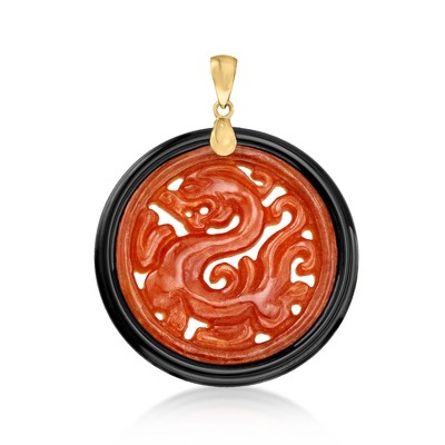 Ross-Simons Red Jade and Black Agate Dragon Circle Pendant With 14kt Yellow Gold Size 1.75