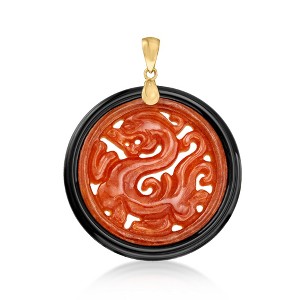 Ross-Simons Red Jade and Black Agate Dragon Circle Pendant With 14kt Yellow Gold Size 1.75 - 1 of 4