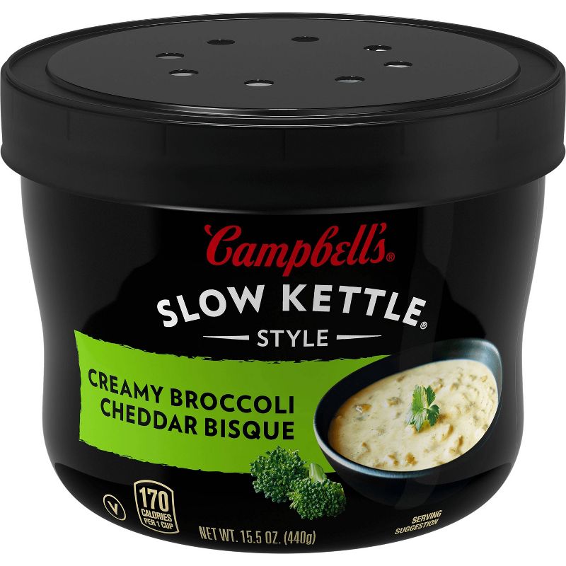 Campbell&#39;s Slow Kettle Style Creamy Broccoli Cheddar Bisque Soup Microwaveable Bowl - 15.5oz, 1 of 13