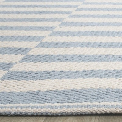 Ivory and Light Blue Striped Cotton Flat Woven Rug