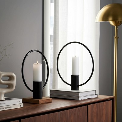 Sagebrook Home Set of 2 Metal Decorative Ring Candle Holders - Contemporary Abstract Black Aluminum Ring