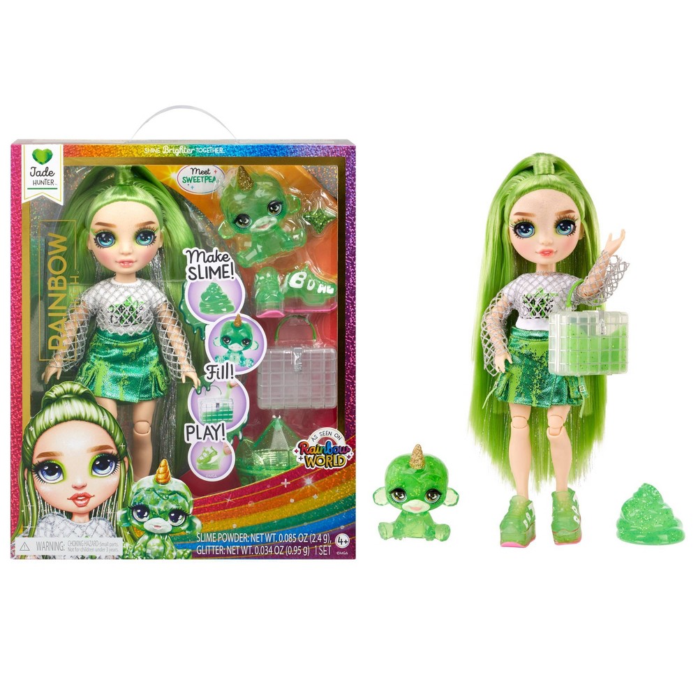 Rainbow High Jade Green with Slime Kit & Pet 11'' Shimmer Doll with DIY Sparkle Slime, Magical Yeti Pet and Fashion Accessories