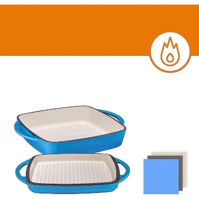 Blue Enameled Cast Iron 2-in-1 Casserole Dish with Grill Lid