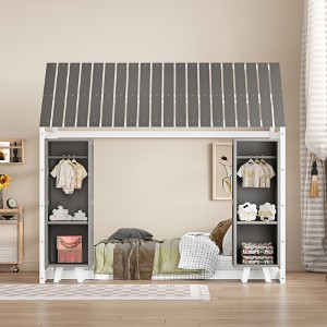Okak Twin Size Floor Bed for Playhouse,House-Shaped Kids Bed with Safety Rails & Roof, 2 Movable Wardrobes - 1 of 4