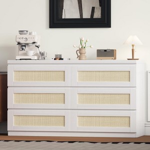 6 Rattan Drawer Dresser for Bedroom, White Modern Chest of Drawer with Anti-Tip Kit Device, Wooden Dresser Organizer for Nursery Hallway Living Room - 1 of 4