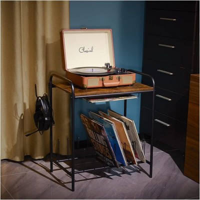 Sevobal Decorative Bookshelf, 2 Tier Record Player Stand with Storage Albums for Bedroom Living Room Office, Black, 21.6"*13.7"*22.8"