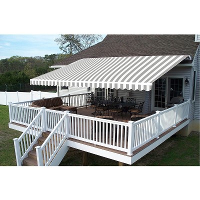 Gray and White Striped Retractable Patio Awning with White Frame