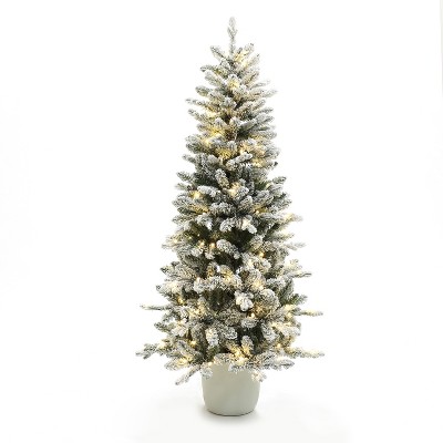 LuxenHome 5Ft Multicolored Pre-Lit Flocked Artificial Tree Potted Green