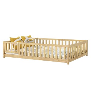 Gulches Twin Size Rubber Wood Floor Bed with Fence, Revolving Door & Safety Guardrails, Natural - 1 of 4