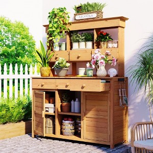 Tall Garden Potting Bench with Hutch, 6 Drawers, 2 Cabinets & Side Hooks, Fir Wood, Indoor/Outdoor Workstation - 1 of 4