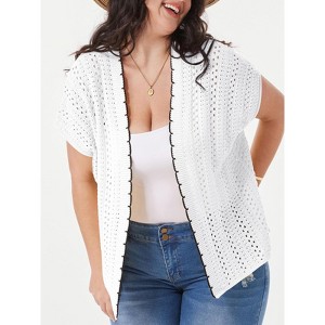 Plus Size Women's Color Block Open Knit Cardigan V Back Short Sleeve Cover Up Tops - 1 of 3