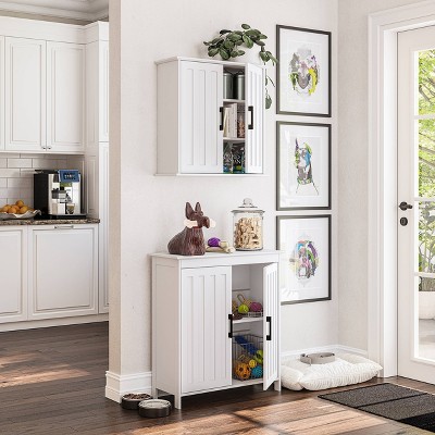 White MDF Storage Cabinet with Adjustable Shelves and Black Handles