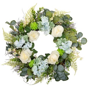Northlight Hydrangea, Rose and Geranium Artificial Floral Spring Wreath, White and Blue - 24-Inch - 1 of 4