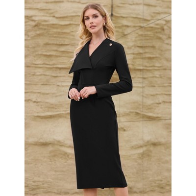 Женские платья INSPIRE CHIC Women's Elegant Pencil Lapel V Neck Long Sleeve Trendy Work Knee Length Dresses XX-Large Black — фото 2