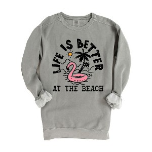 Simply Sage Market Women's  Garment Dyed Graphic Sweatshirt Better At The Beach Flamingo - 1 of 4