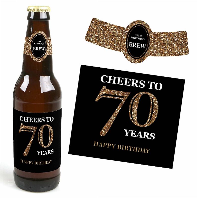 Big Dot of Happiness Adult 70th Birthday - Gold - Birthday Party Decorations for Women and Men - 6 Beer Bottle Label Stickers and 1 Carrier, 3 of 6