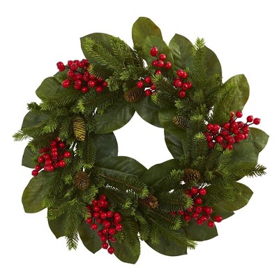 Nearly Natural 24” Magnolia Leaf, Berry and Pine Artificial Wreath