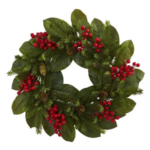 Nearly Natural 24” Magnolia Leaf, Berry and Pine Artificial Wreath - 1 of 1