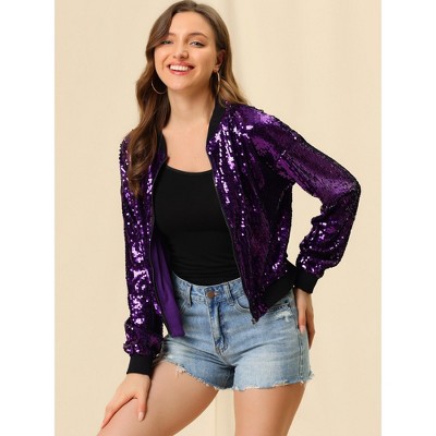 INSPIRE CHIC Women's Party Sequin Sparkle Long Sleeve Cropped Length Zipper Bomber Jacket Large Purple — фото 4