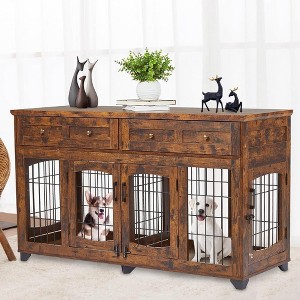 58" Large Dog Crate Furniture for 2 Dogs, Indoor Wooden Kennel Table with Storage Drawers, Decorative Pet Crate - 1 of 4