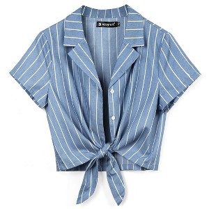 Allegra K Women's Retro Striped Button Up Short Sleeve Tie Front Crop Shirt - 1 of 4
